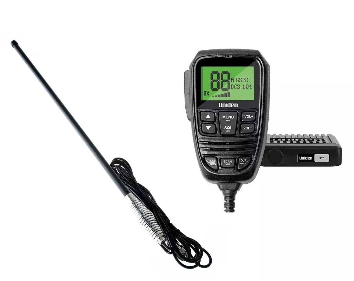 Uniden X76 UHF CB with 5w 80ch LCD mic + AK5R 5dBi Bullabar Antenna Kit